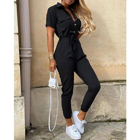 Casual lapel buckle print belt frock jumpsuit